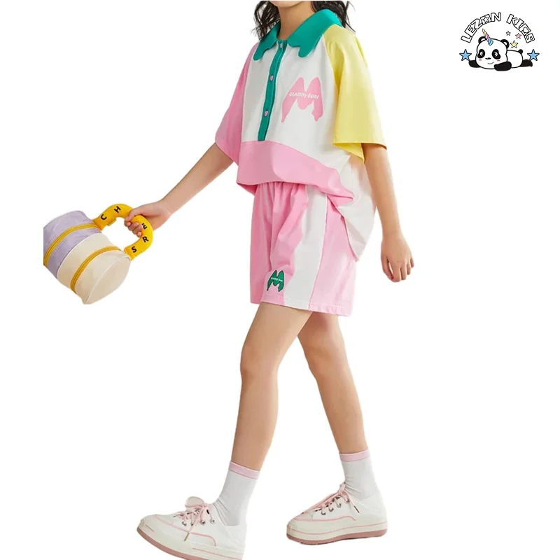 LEZONKIDS - Customizable Summer Fashionable Girls' Short Sleeve T-shirt Set Casual Shorts Children's Sports Two Piece Set